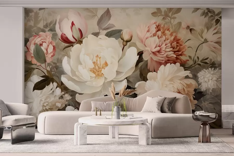 wall murals Нежни божури и хризантеме у пастелним нијансама w09350