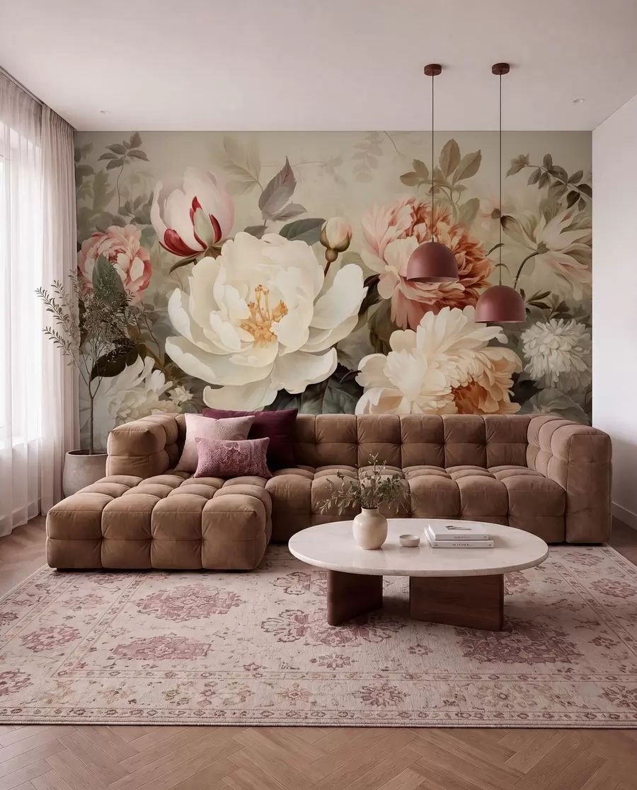 wall murals Нежни божури и хризантеме у пастелним нијансама w09350