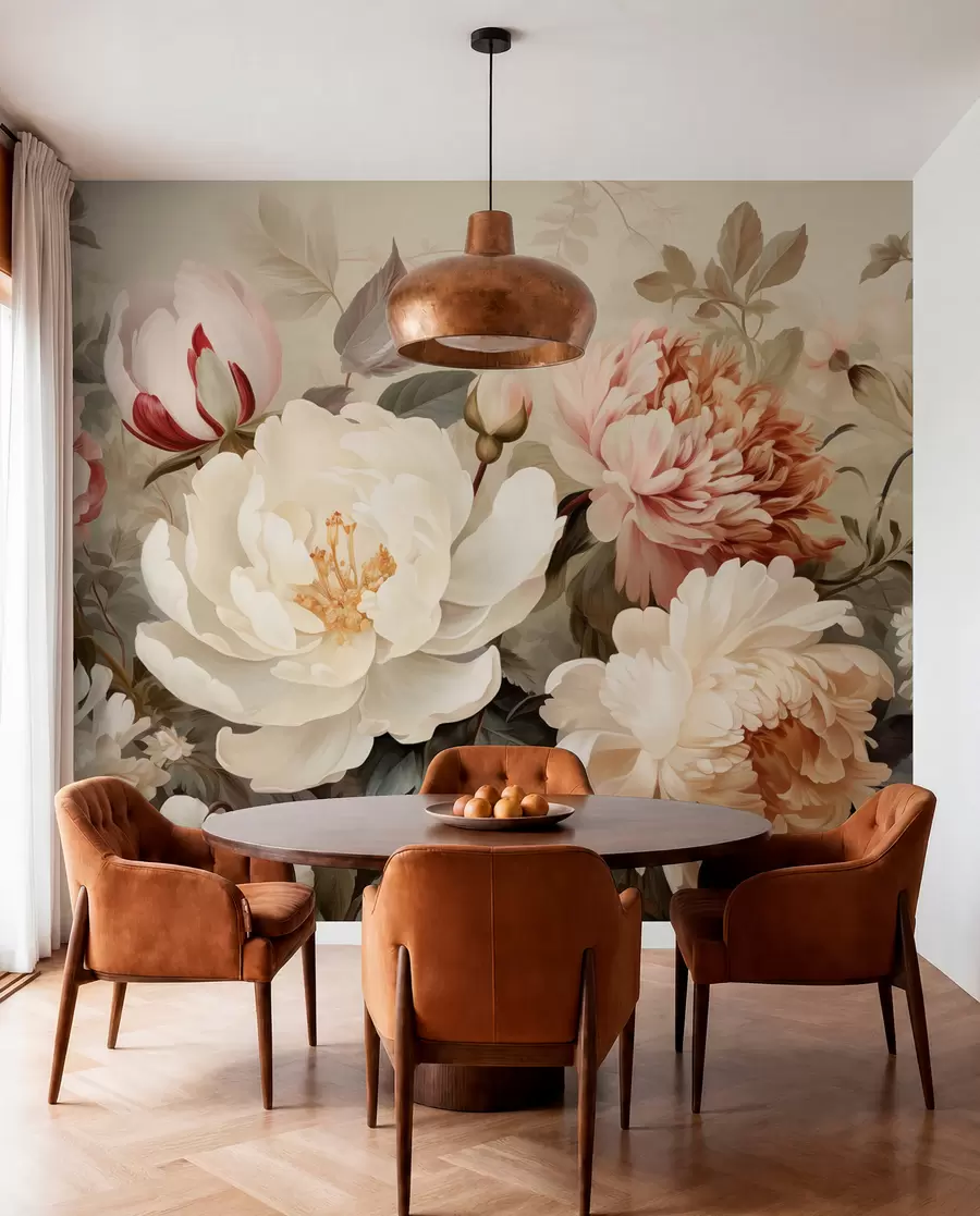 wall murals Нежни божури и хризантеме у пастелним нијансама w09350