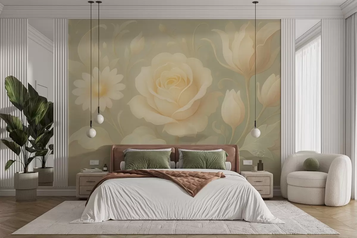 wall murals Нежна винтаге композиција са беж ружама на светло зеленој позадини w09499