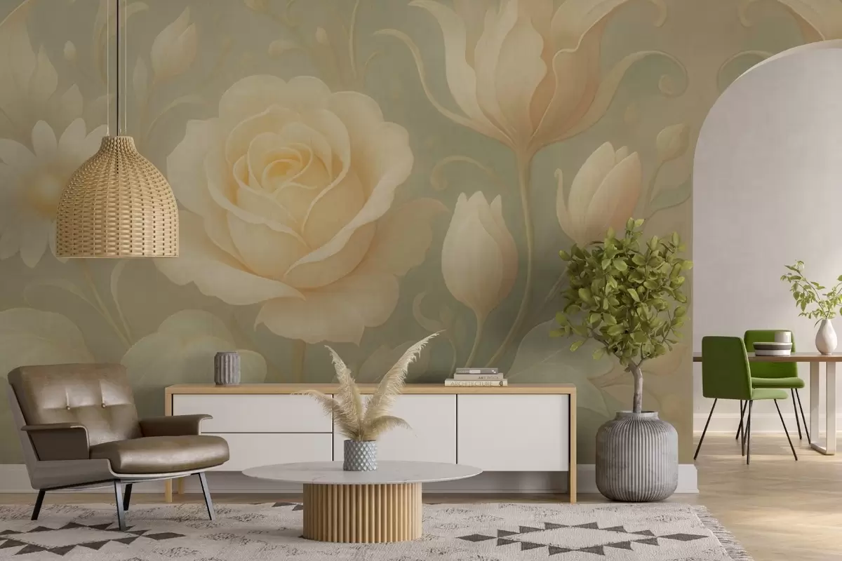 wall murals Нежна винтаге композиција са беж ружама на светло зеленој позадини w09499