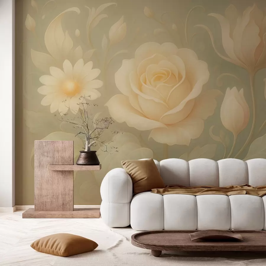 wall murals Нежна винтаге композиција са беж ружама на светло зеленој позадини w09499