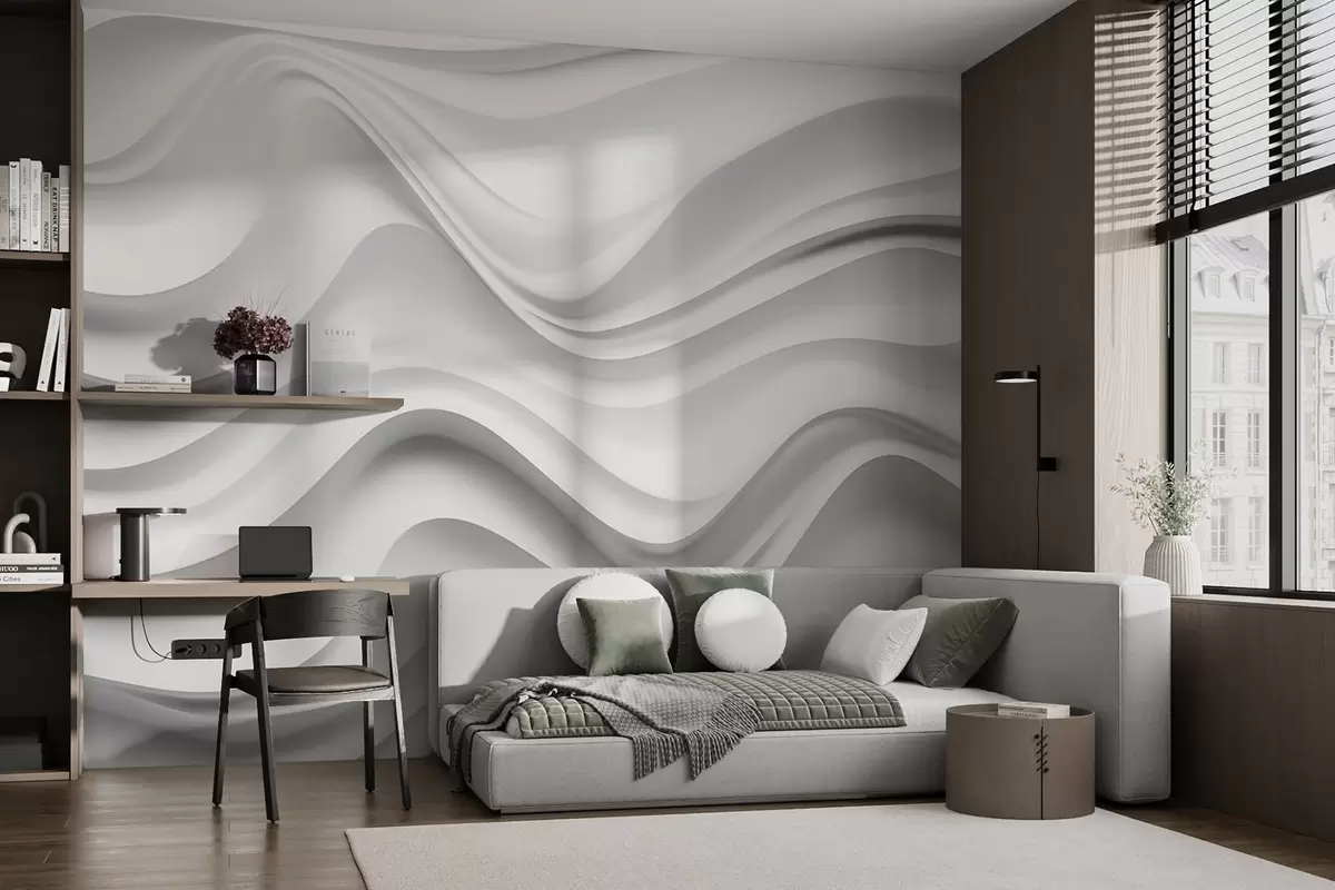 wall murals Црно-бела апстрактна 3Д композиција са глатким таласима w09506