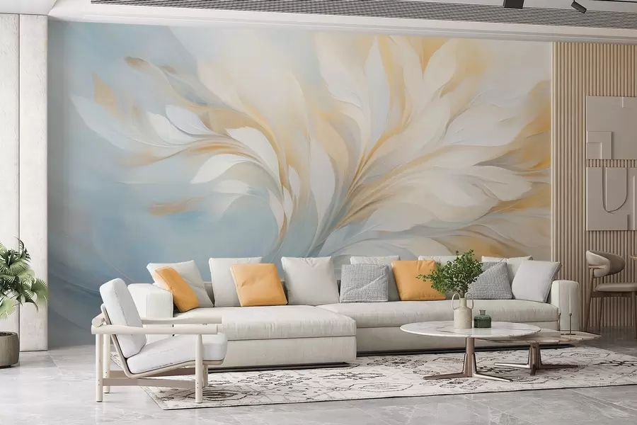 wall murals Апстрактна композиција глатких облика налик перју у жутим и плавим тоновима w09525