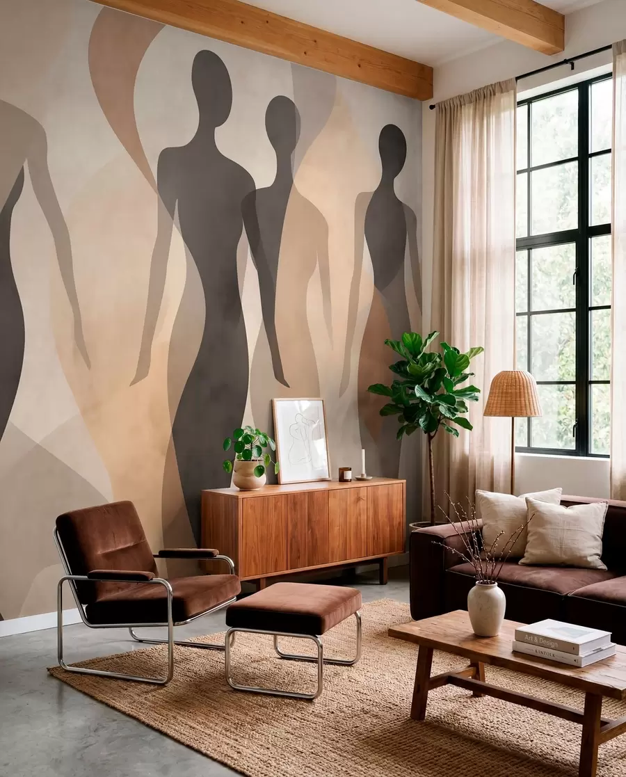 wall murals Силуетне фигуре и меки таласи у топлим беж-сивим тоновима w04787