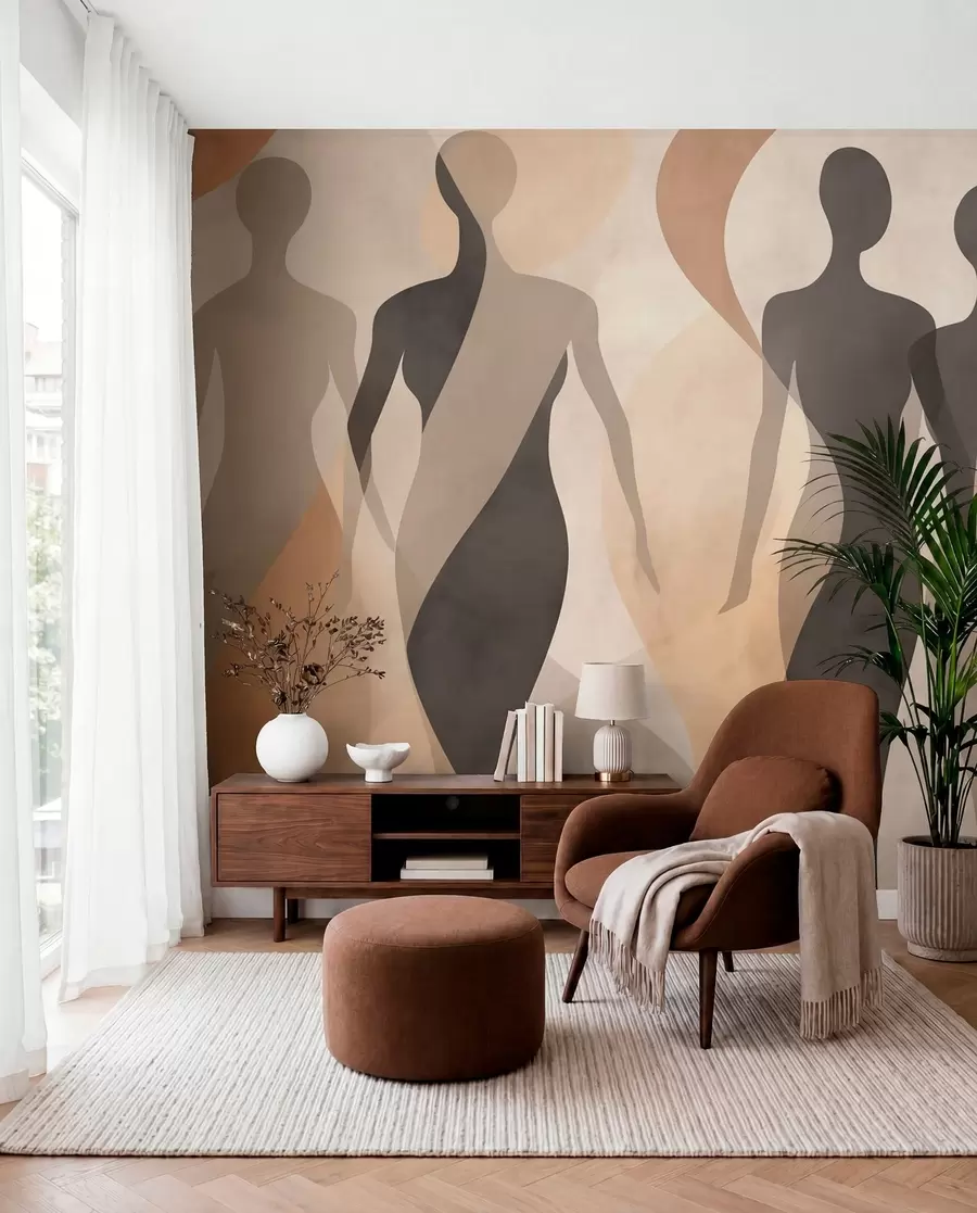wall murals Силуетне фигуре и меки таласи у топлим беж-сивим тоновима w04787