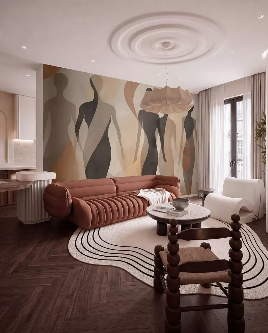 wall murals Силуетне фигуре и меки таласи у топлим беж-сивим тоновима w04787