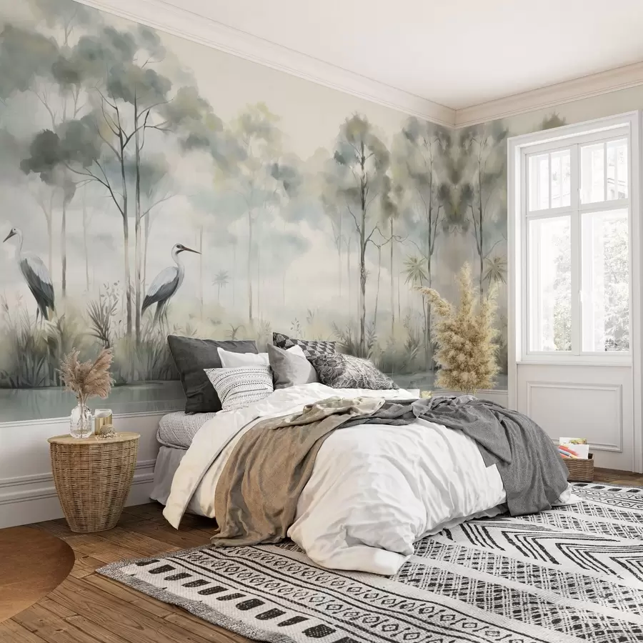 wall murals Магловита шума поред воде са чапљама, мека хладна палета w04788