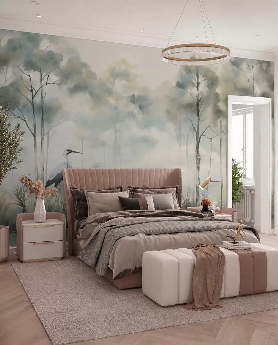 wall murals Магловита шума поред воде са чапљама, мека хладна палета w04788