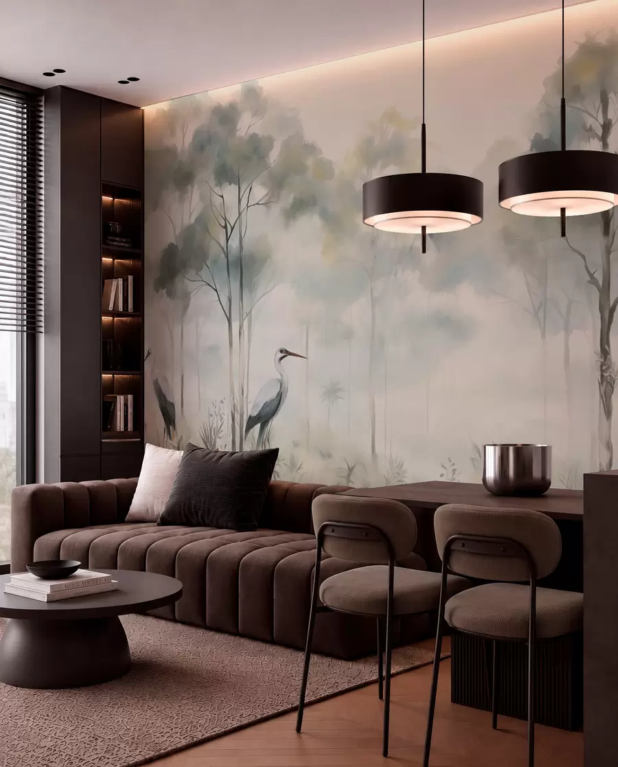 wall murals Магловита шума поред воде са чапљама, мека хладна палета w04788