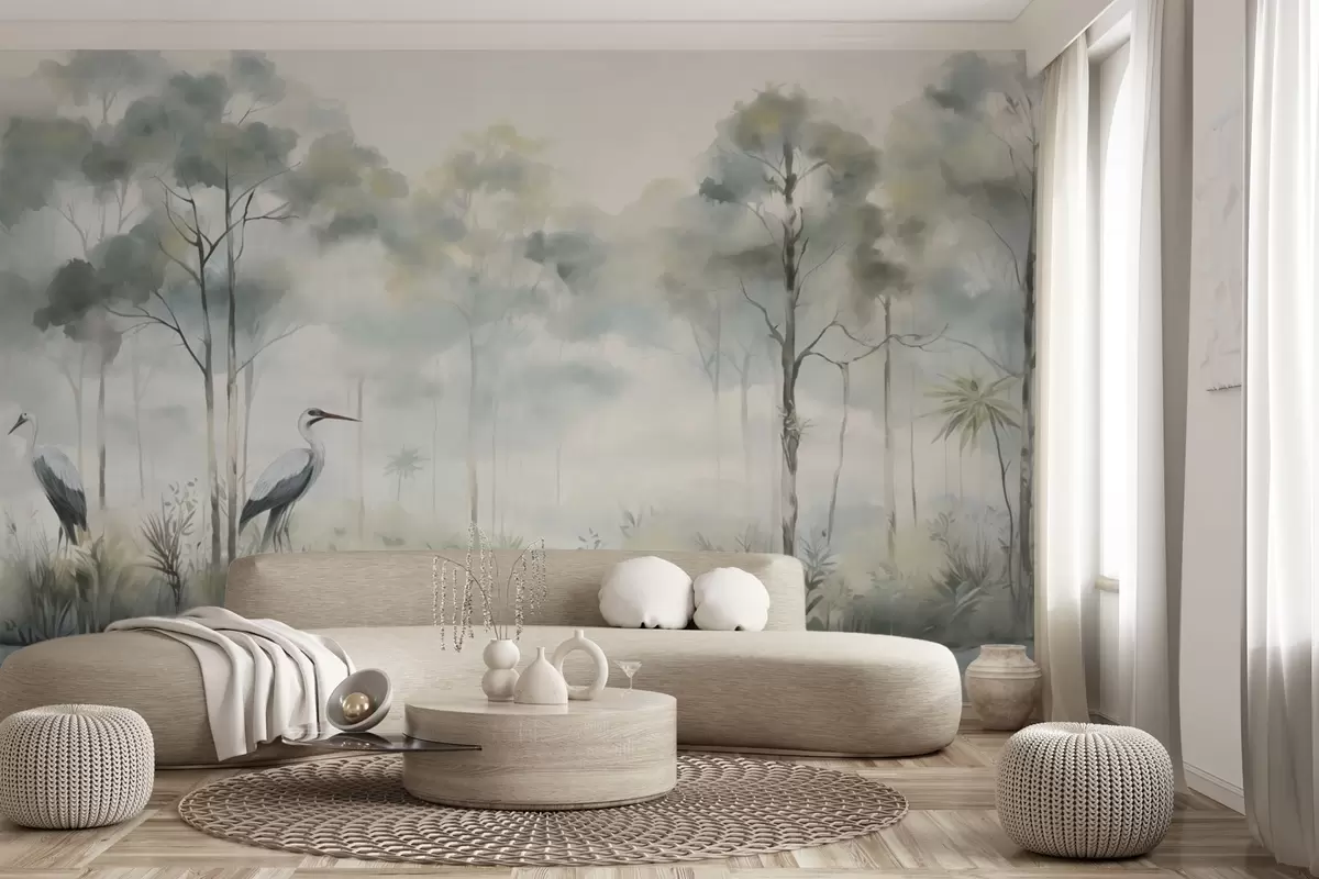 wall murals Магловита шума поред воде са чапљама, мека хладна палета w04788