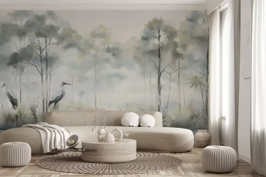 wall murals Магловита шума поред воде са чапљама, мека хладна палета w04788