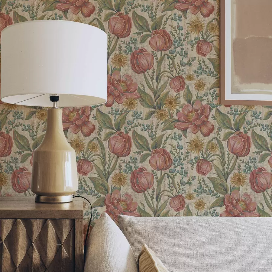 wall murals Винтажни тулипани и астре, текстурирана кремаста земља a00773