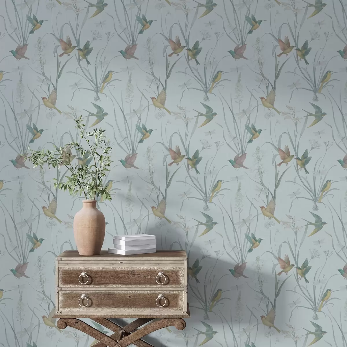 Позадина Птице међу ливадским травама на сивоплавом тлу a00776