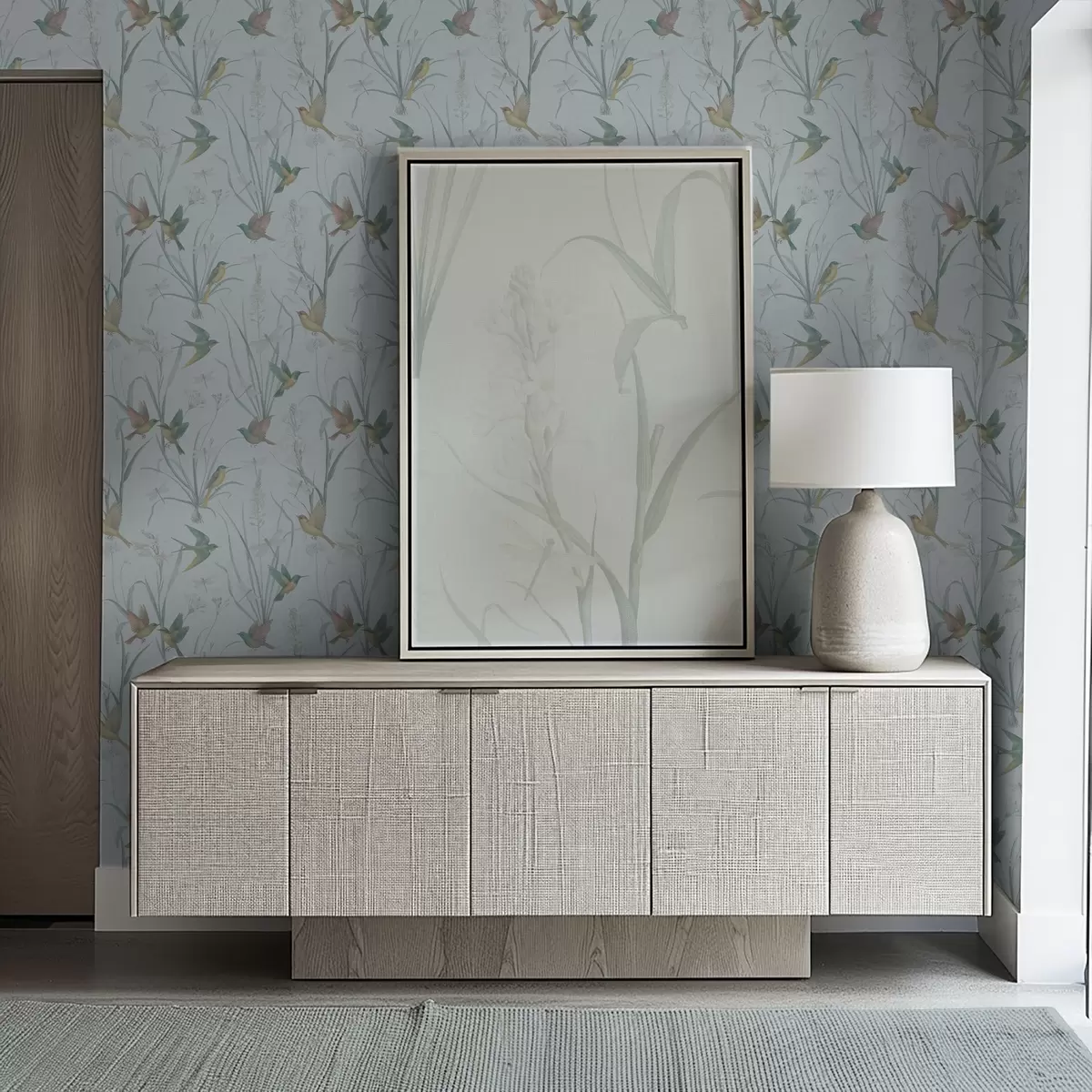 Позадина Птице међу ливадским травама на сивоплавом тлу a00776