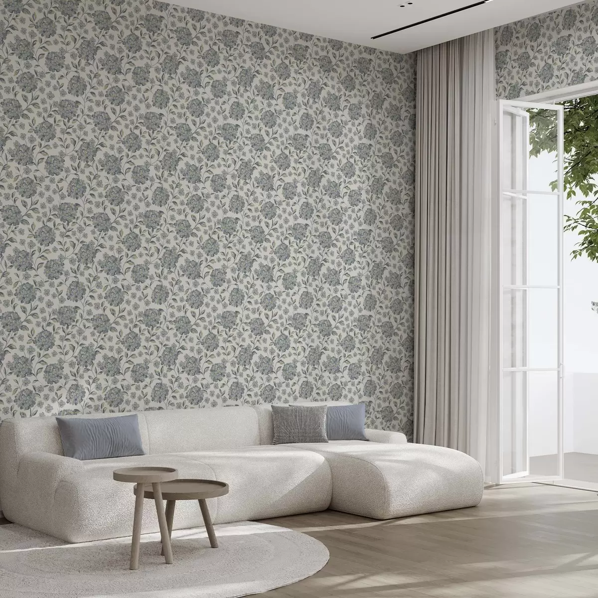 Позадина Четкасти цветови и листови у сиво-плавој палети a00778