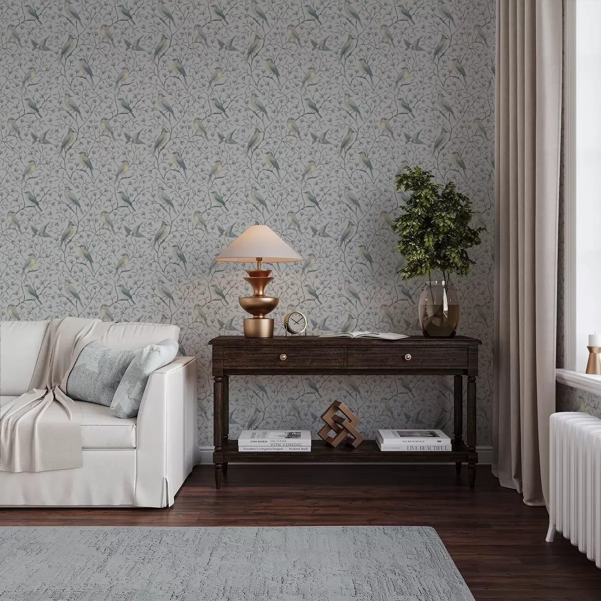 Позадина Птице на гранама, сиво-плава шема a00782