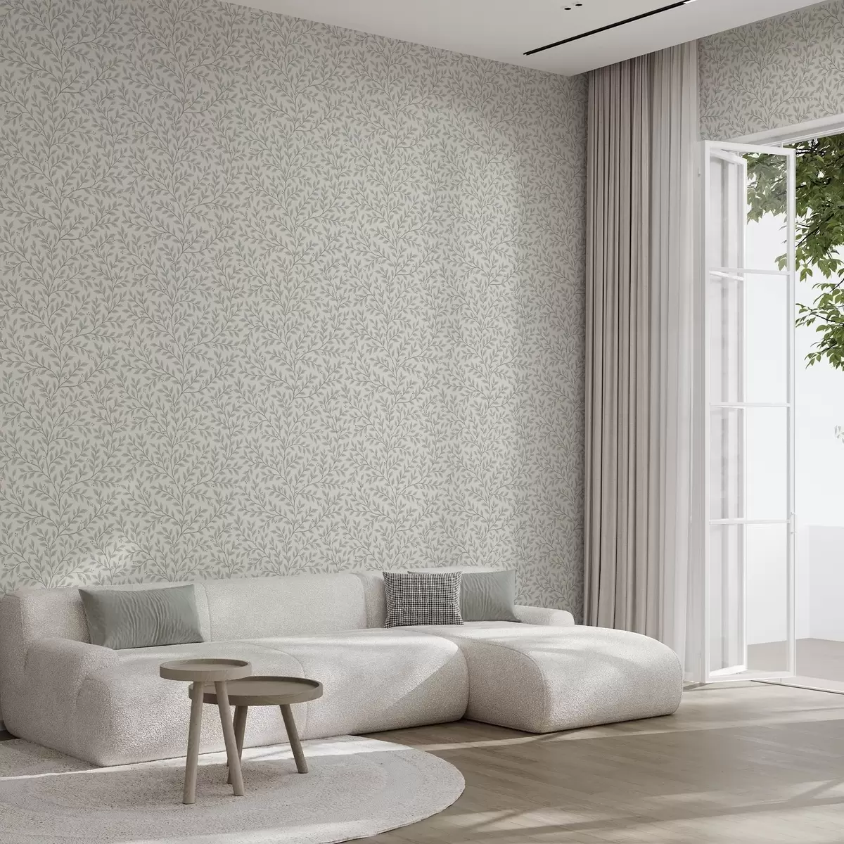 Позадина Гране са лишћем и бобицама, светло кремасте боје и жалфије a00783