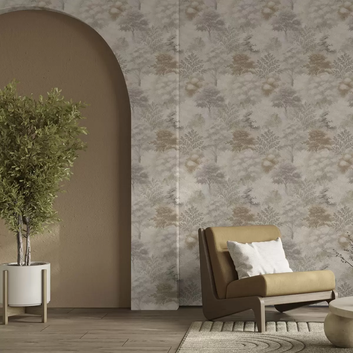 Позадина Нежна шума у магли, меки беж-сиви тонови a00785