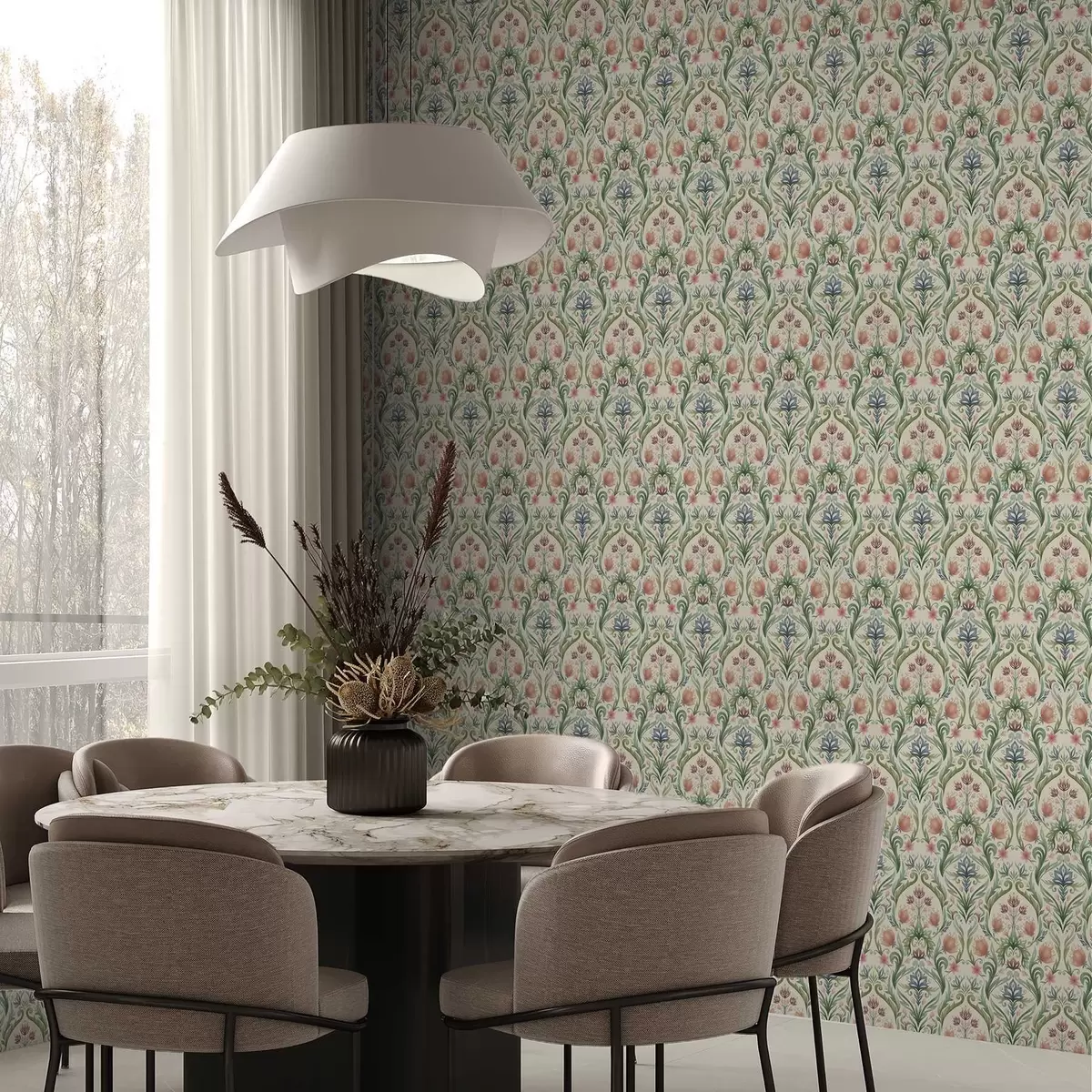 Позадина Симетрични цветни орнамент, теракота и зелена a00827