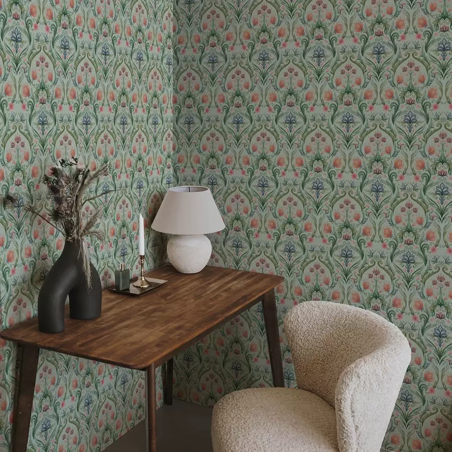 wall murals Симетрични цветни орнамент, палета боје менте и крема a00827v1