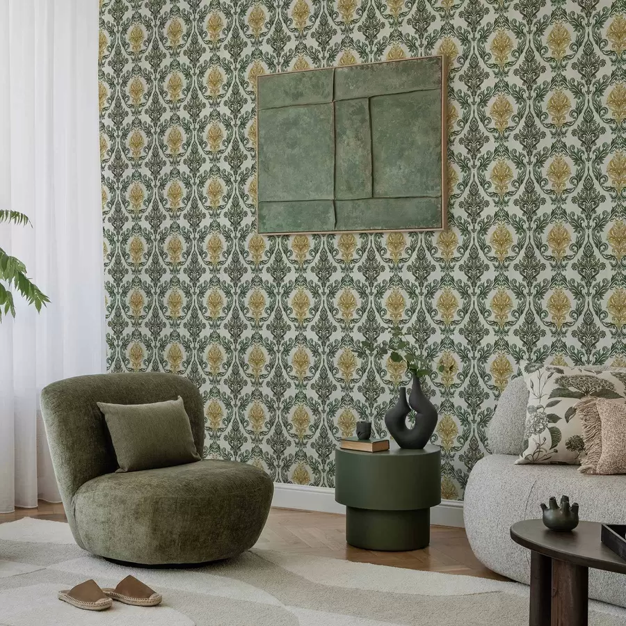 wall murals Дамаск са зеленим свицима на светлој подлози a00828v1