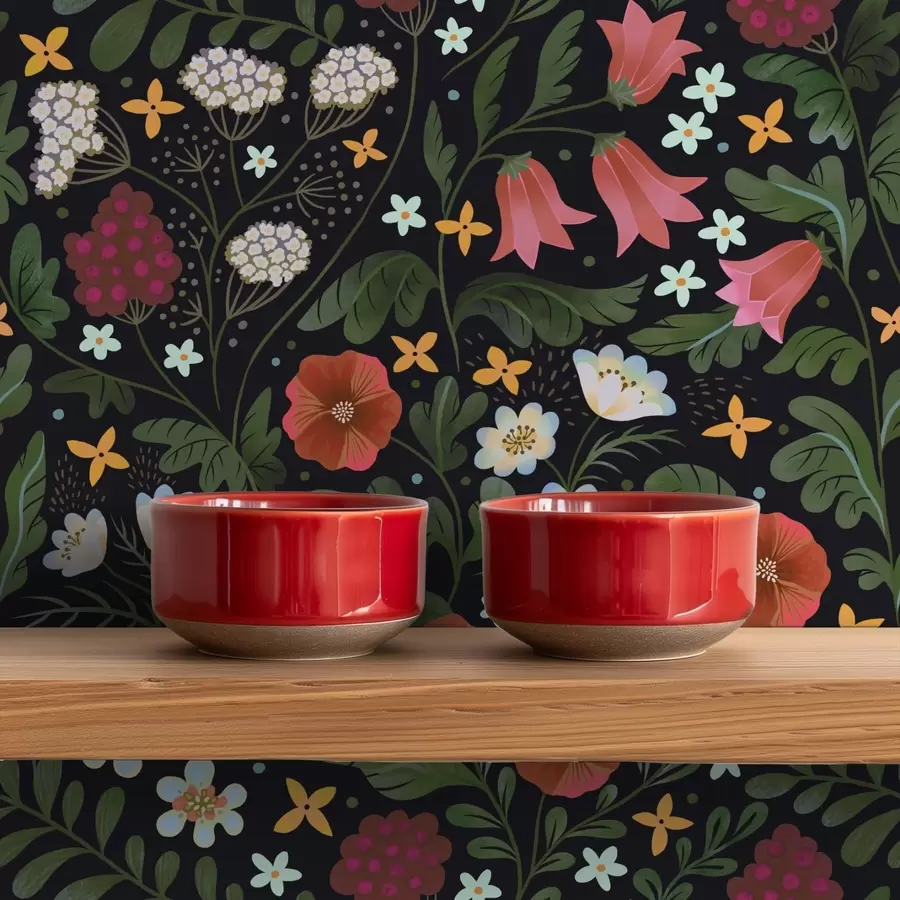 wall murals Дивље цвеће и бобице на дубоко црној позадини a00849v3