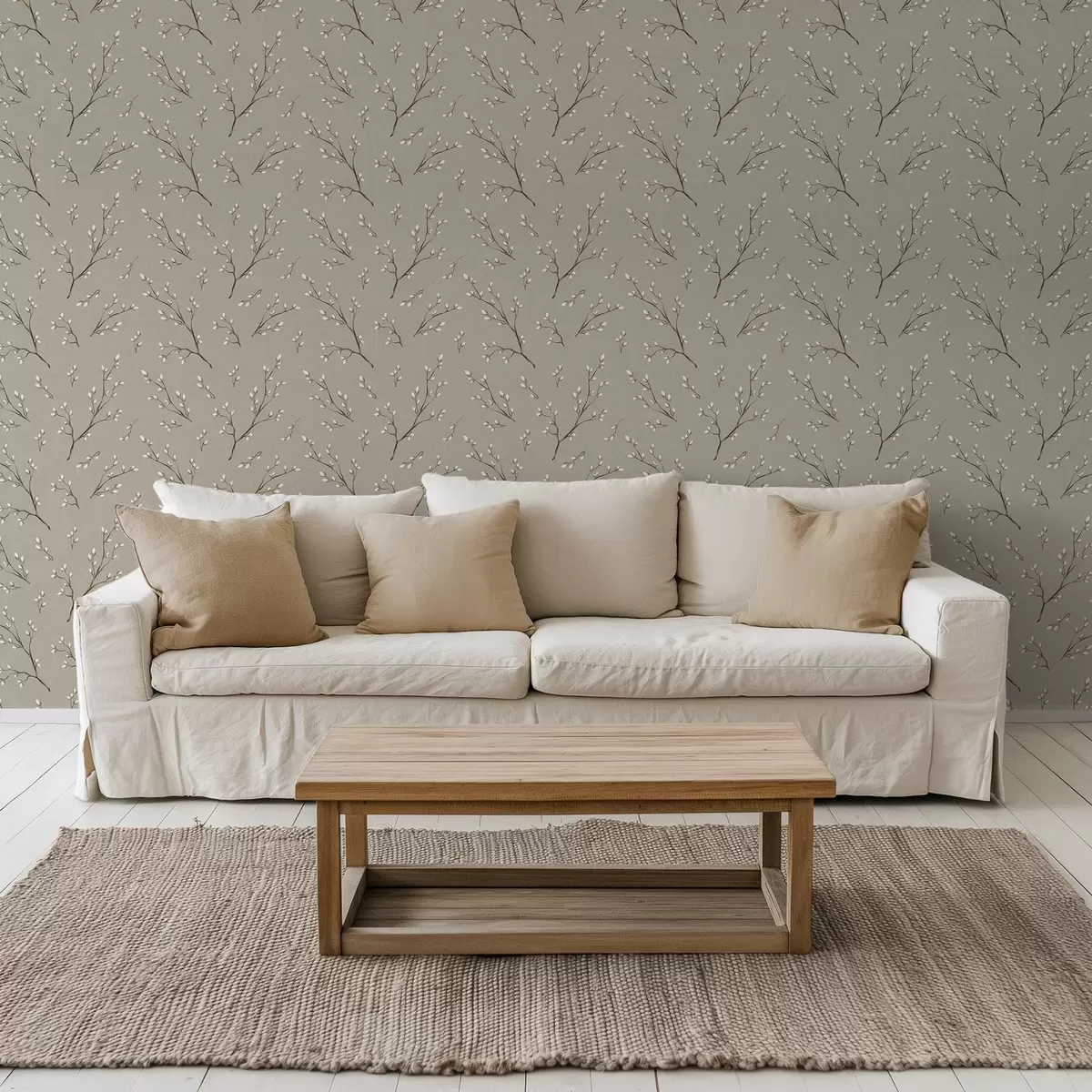 Позадина Гранчице са белим пупољцима на ланеној тауп позадини a00861