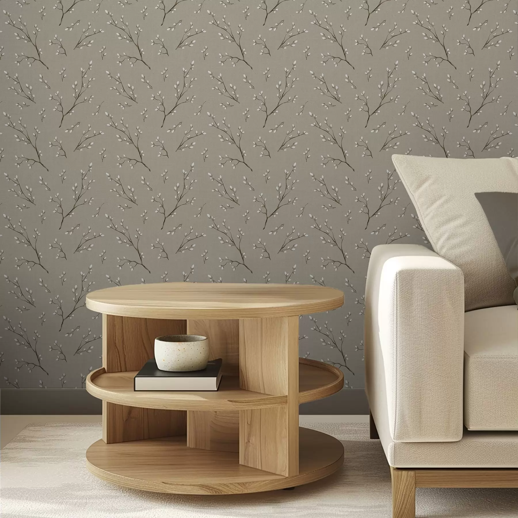 wall murals Гранчице са белим пупољцима на ланеној тауп позадини a00861