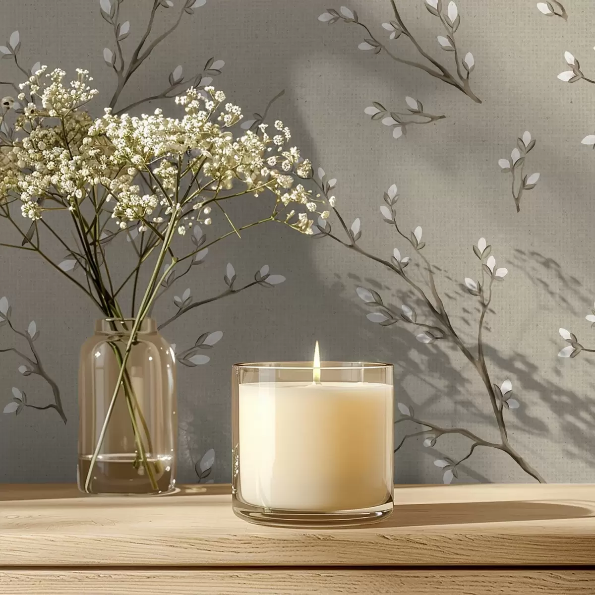 Позадина Гранчице са белим пупољцима на ланеној тауп позадини a00861