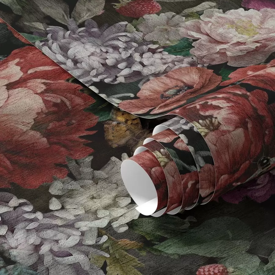 wall murals Тамни драматични божури, бобице и лептир на црној боји a00862