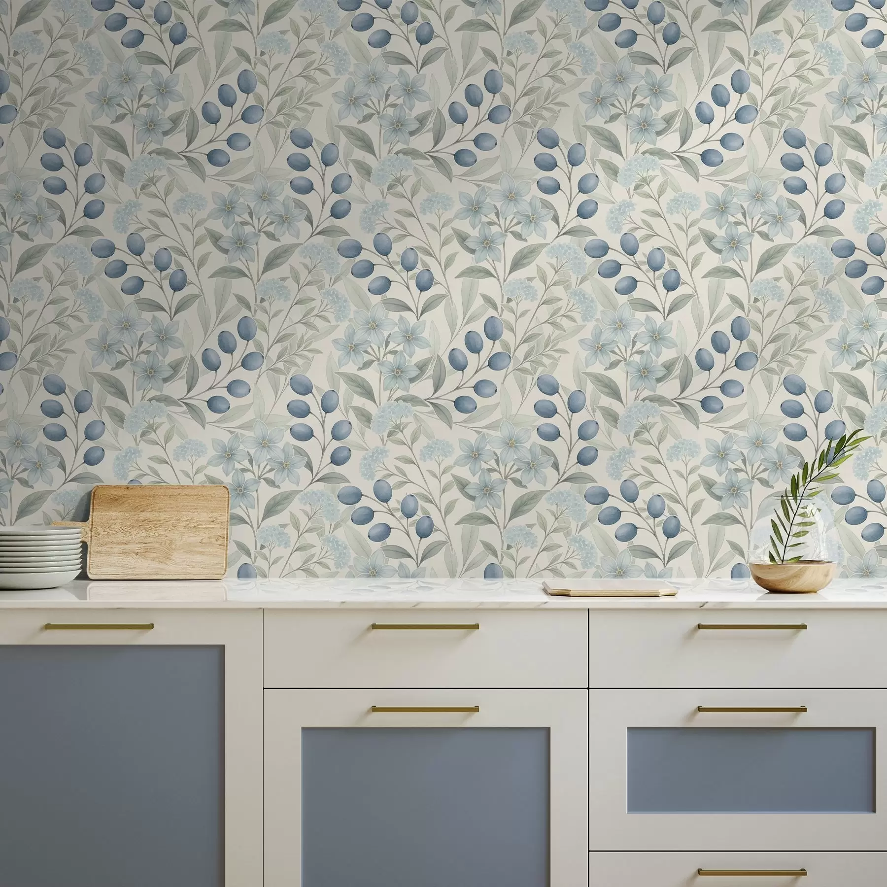wall murals Боровнице и светло цвеће на слоновачи a00872