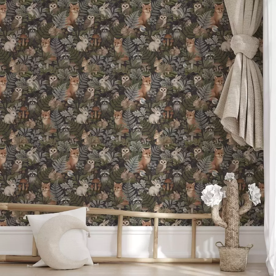 wall murals Шумске животиње и папрати на дубоком угљу a00880