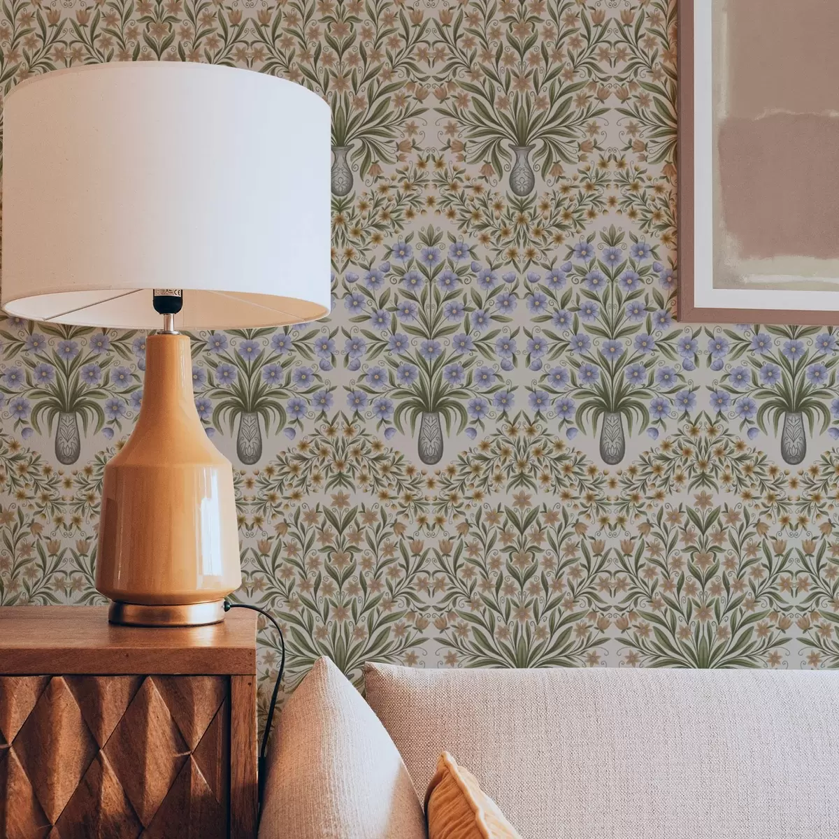 Позадина Народне вазе са плавим цветовима и листовима маслине на руменилу a00900