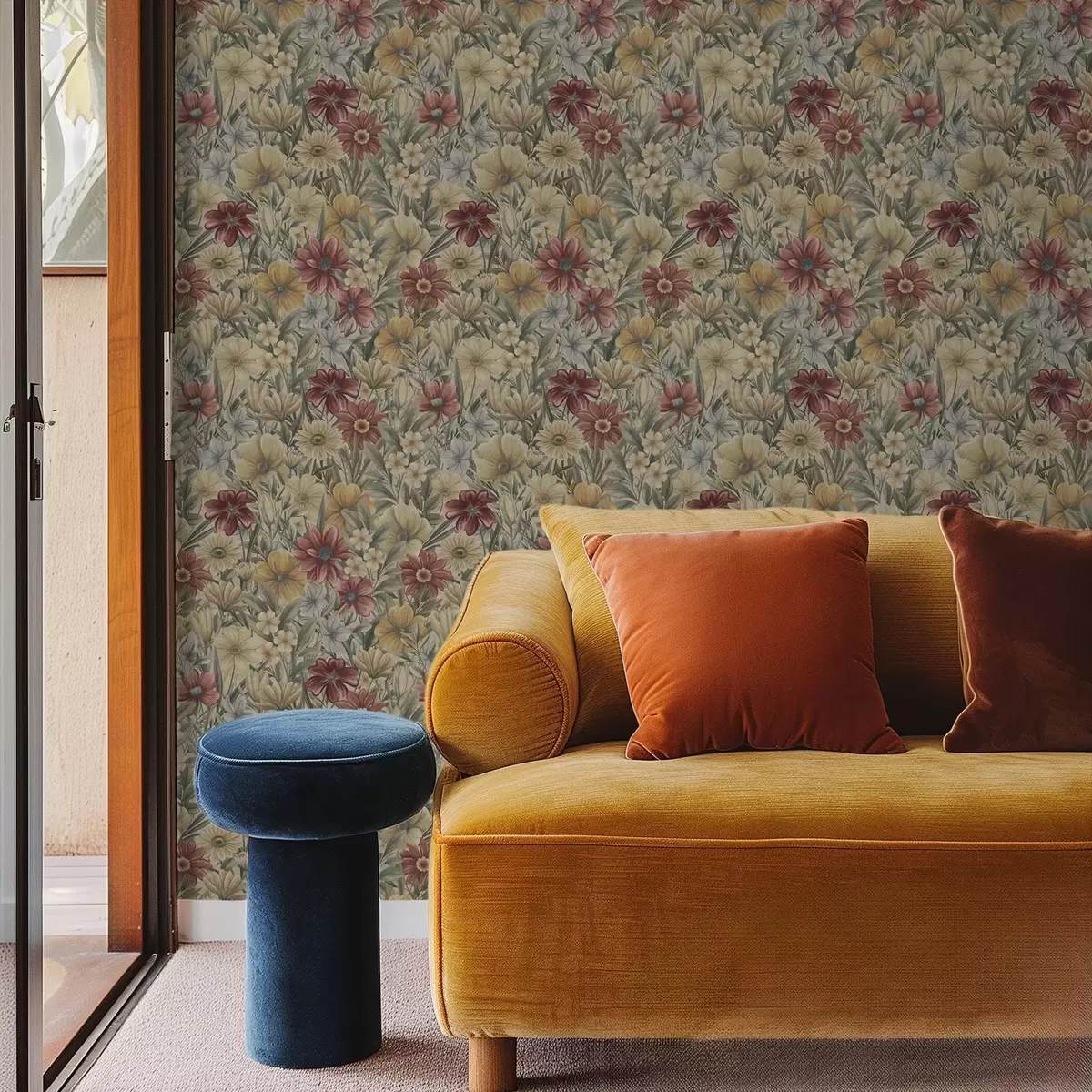 Позадина Винтажно ливадско цвеће у топлим жутим, црвеним и жалфијским нијансама a00906