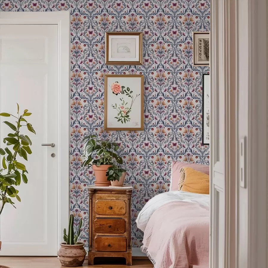 wall murals Цветни дамаск са лептирима у морнарско плавој и теракота боји на белој a00926v1