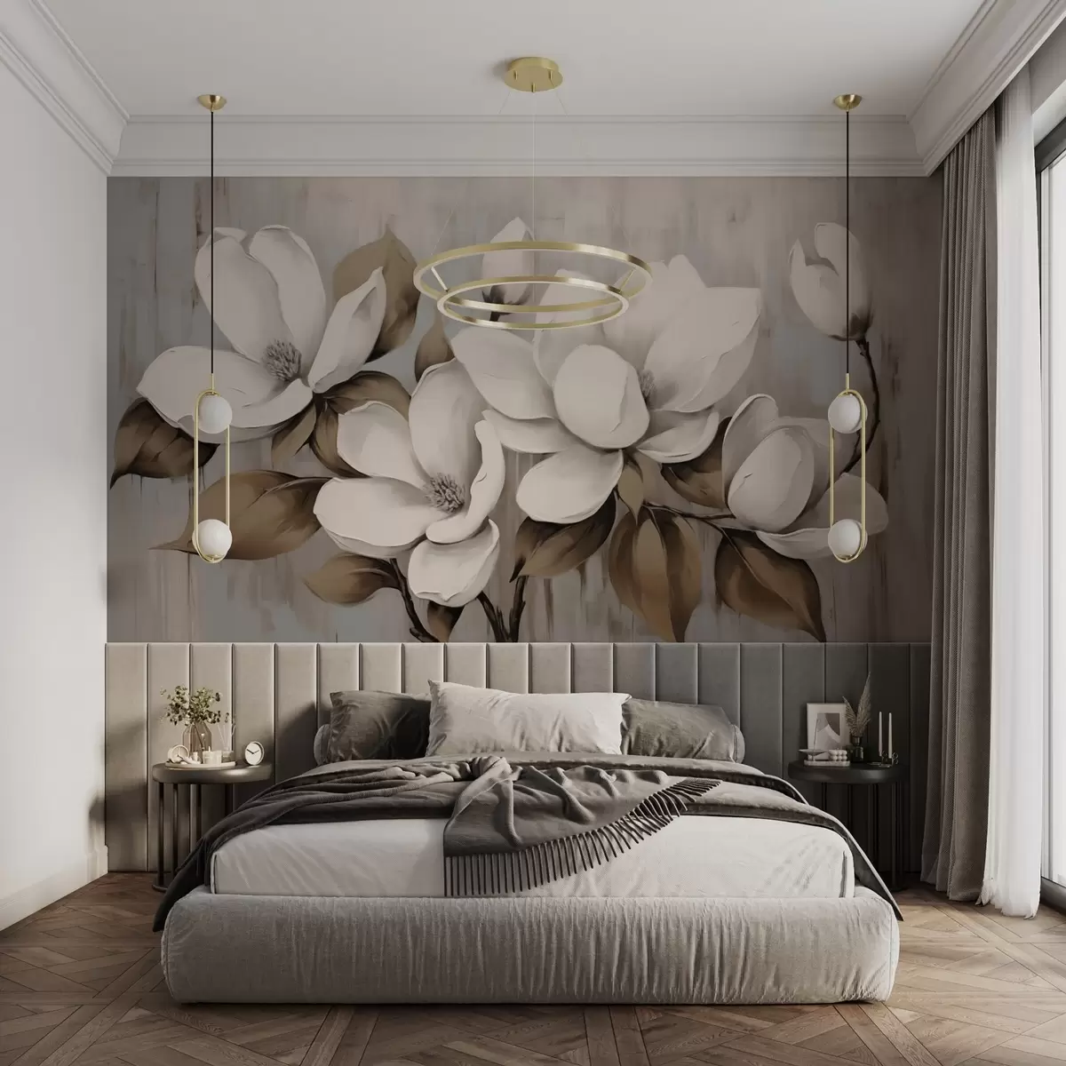 wall murals Велики цветови магнолије са таупе листовима на брушеној позадини w04785