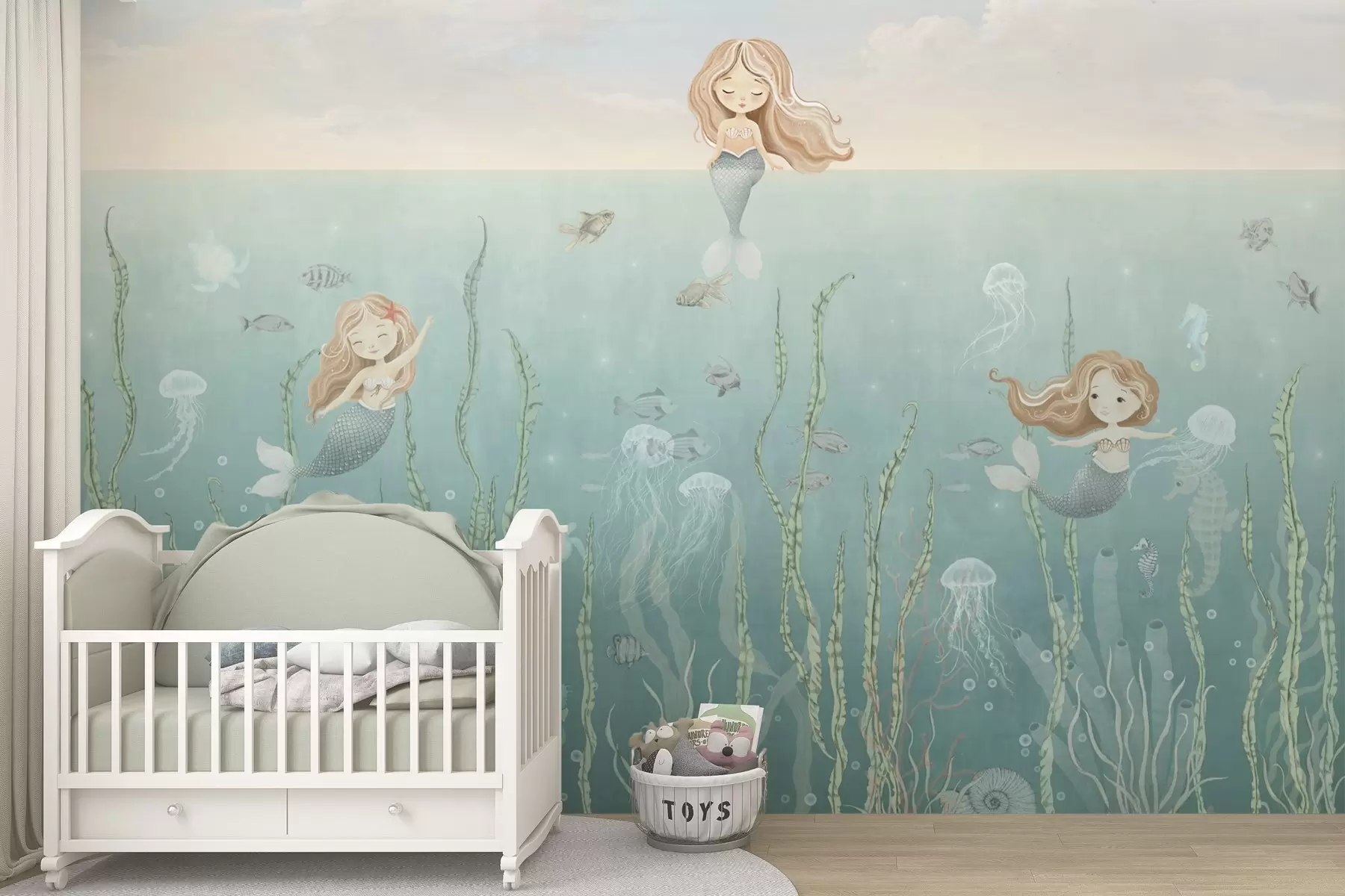 wall murals Разигране сирене под водом са морским алгама, медузама и рибама w04860