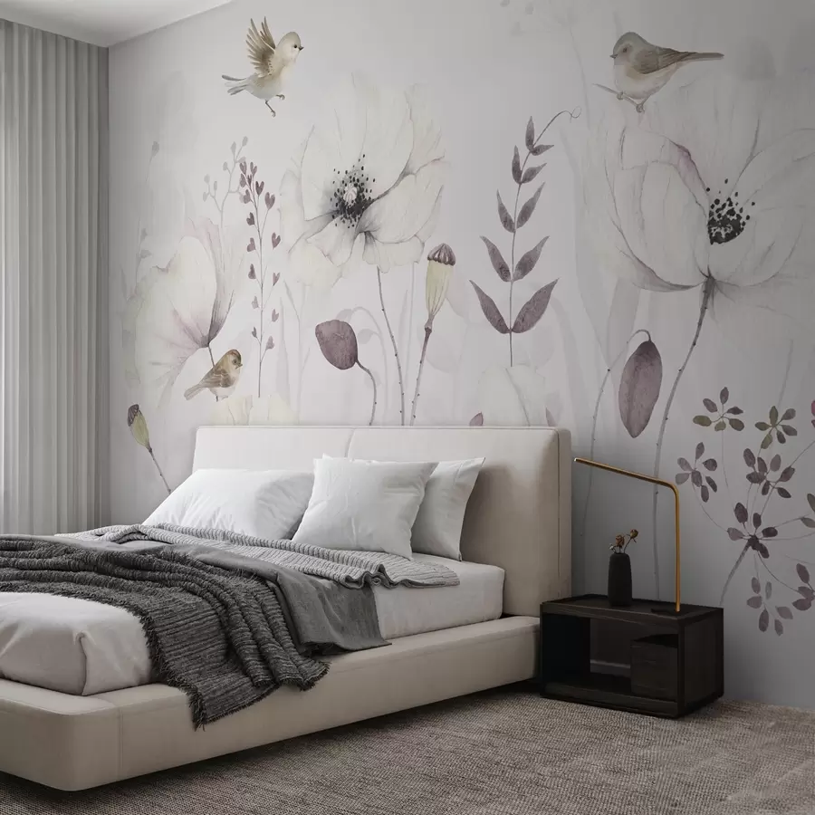 wall murals Акварелни макови са малим птицама у нежно љубичастој боји w04861
