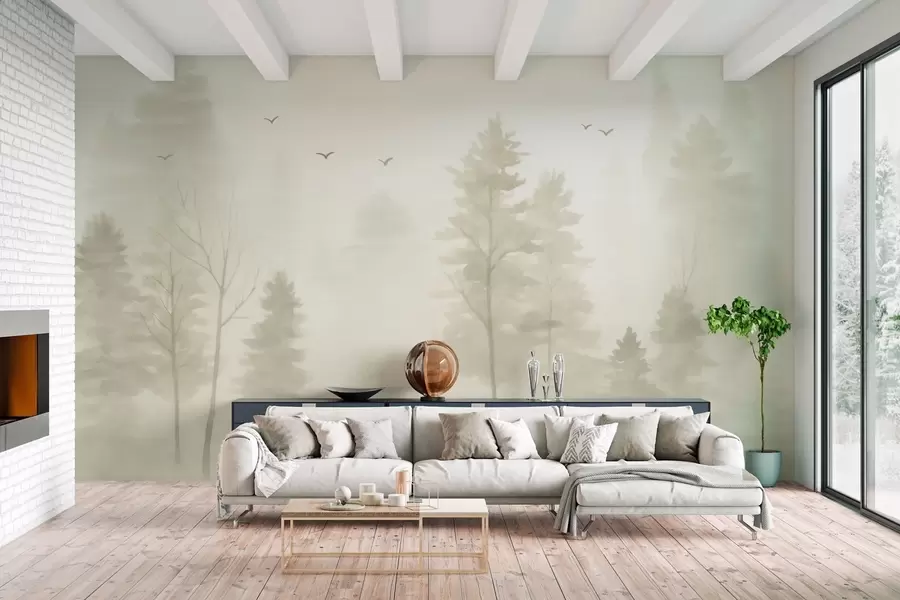 wall murals Ваздушна шума у акварелном стилу у беж тоновима w04872