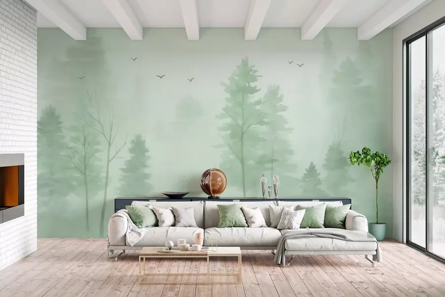 wall murals Ваздушна шума у акварелном стилу у зеленим тоновима w04872v1