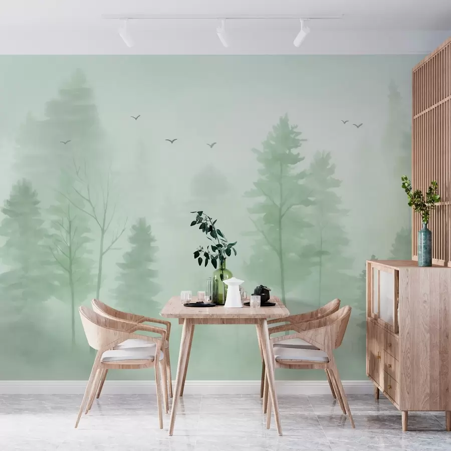 wall murals Ваздушна шума у акварелном стилу у зеленим тоновима w04872v1