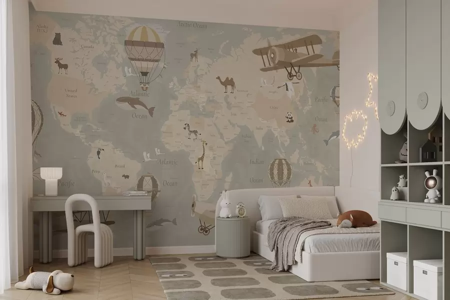 wall murals Дечја мапа света са животињама, авионима и балонима на врући ваздух. Енглески језик. Беж боја. c00003en
