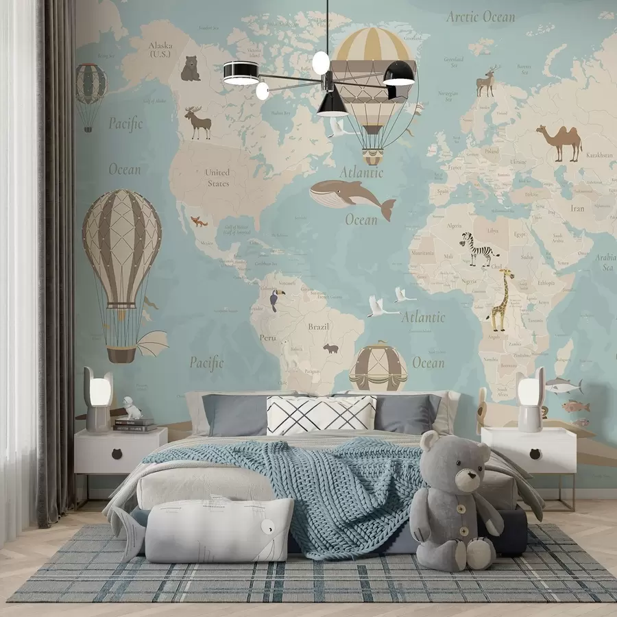 wall murals Дечја мапа света са животињама, авионима и балонима на врући ваздух. Енглески језик. Плава боја. c00003env1