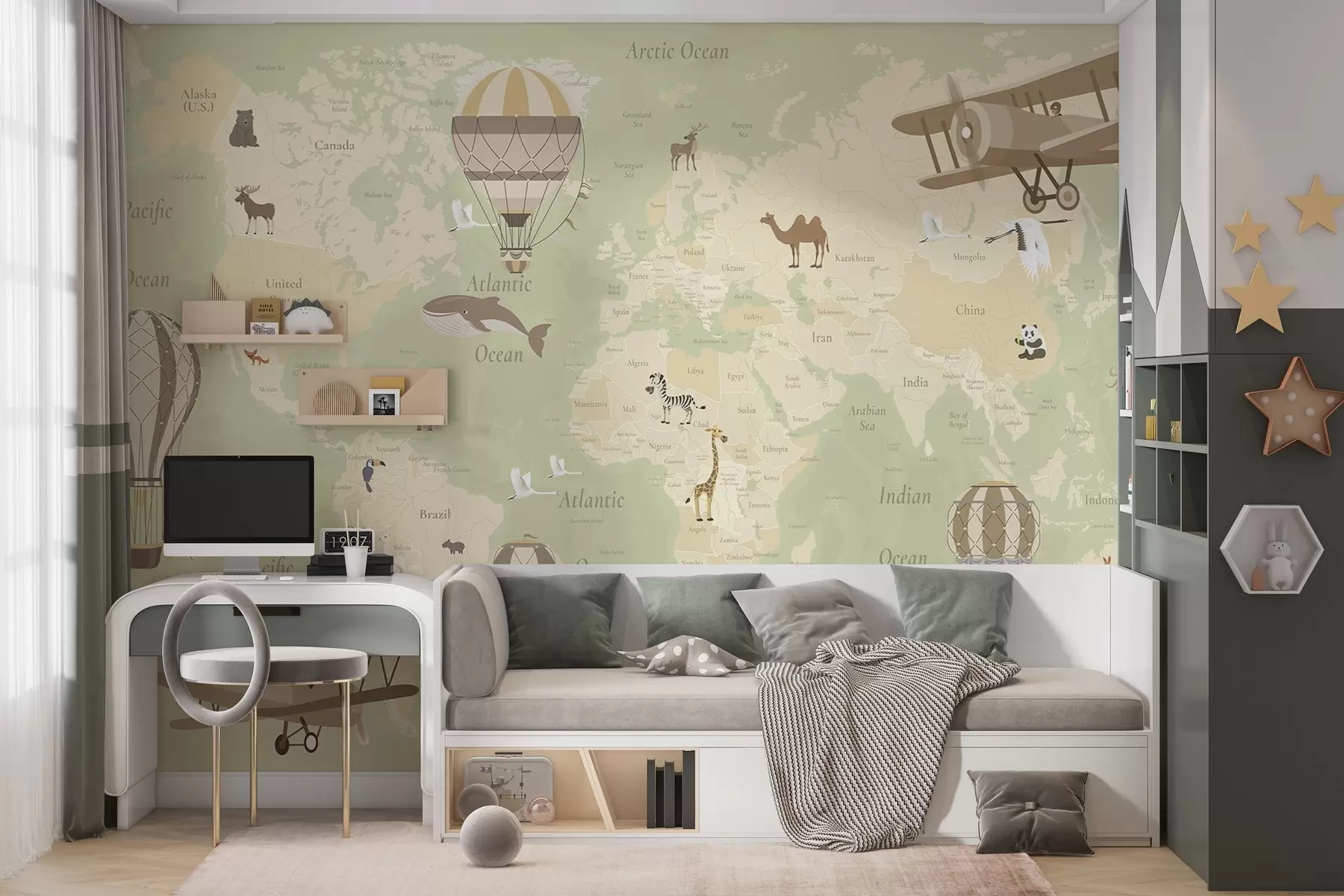 wall murals Мапа света за децу са животињама, авионима и балонима на врући ваздух. Енглески језик. Зелена боја. c00003env2