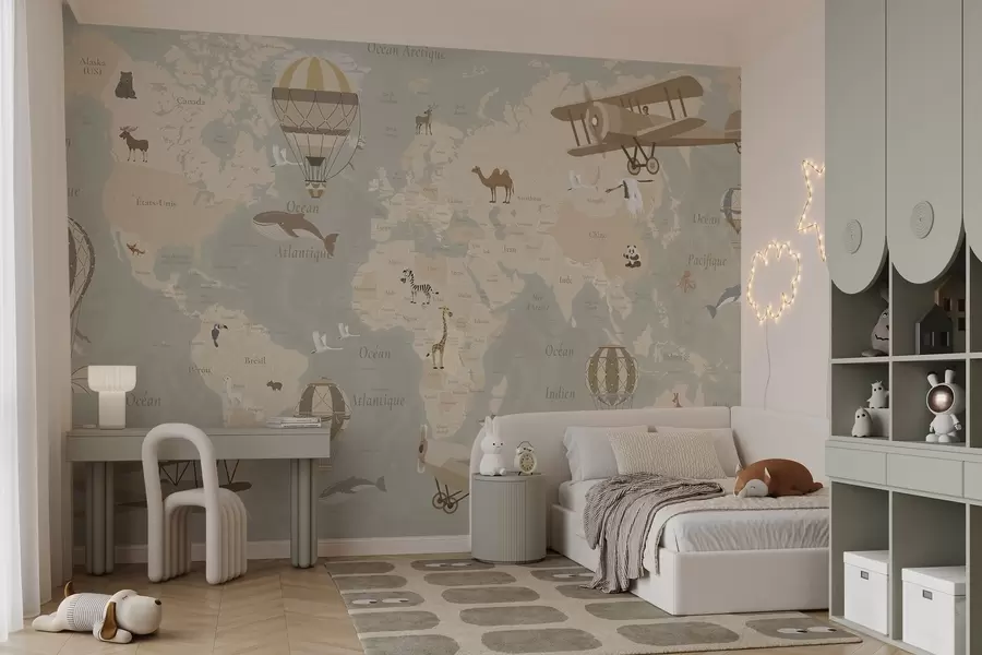 wall murals Дечја мапа света са животињама, авионима и балонима на врући ваздух. Француски језик. Беж боја. c00003fr
