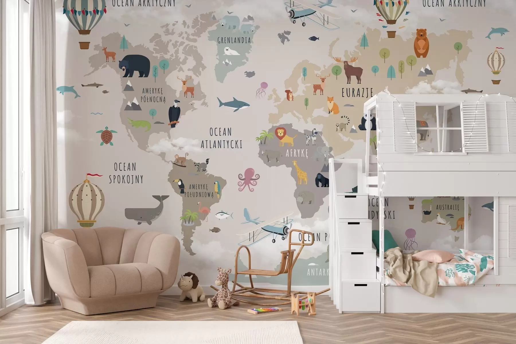 wall murals Мапа света за децу са животињама и балонима на врући ваздух. Пољски језик. c00002pl