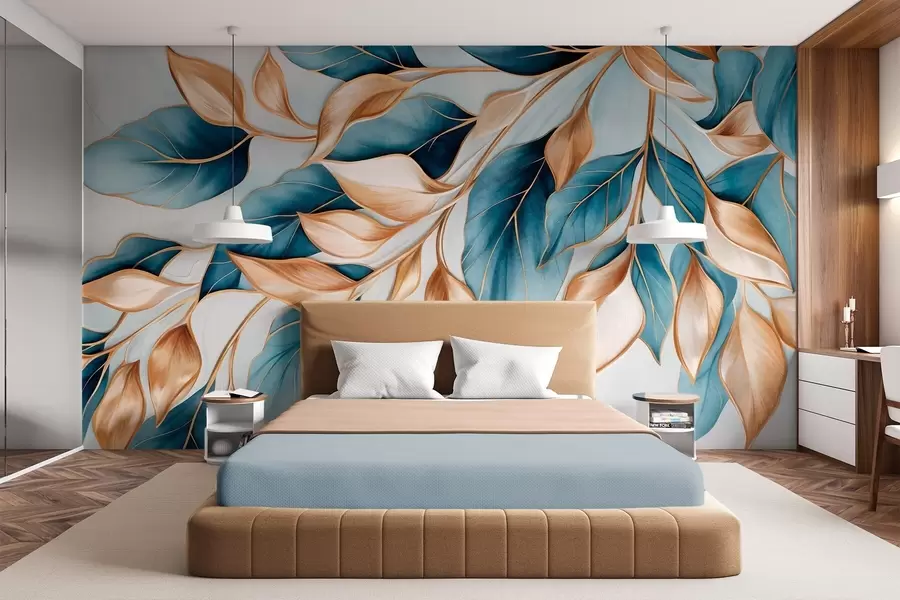 wall murals Текстурирано плаво и наранџасто лишће, светлоплава позадина, елегантан и уметнички дизајн, модеран стил w09429
