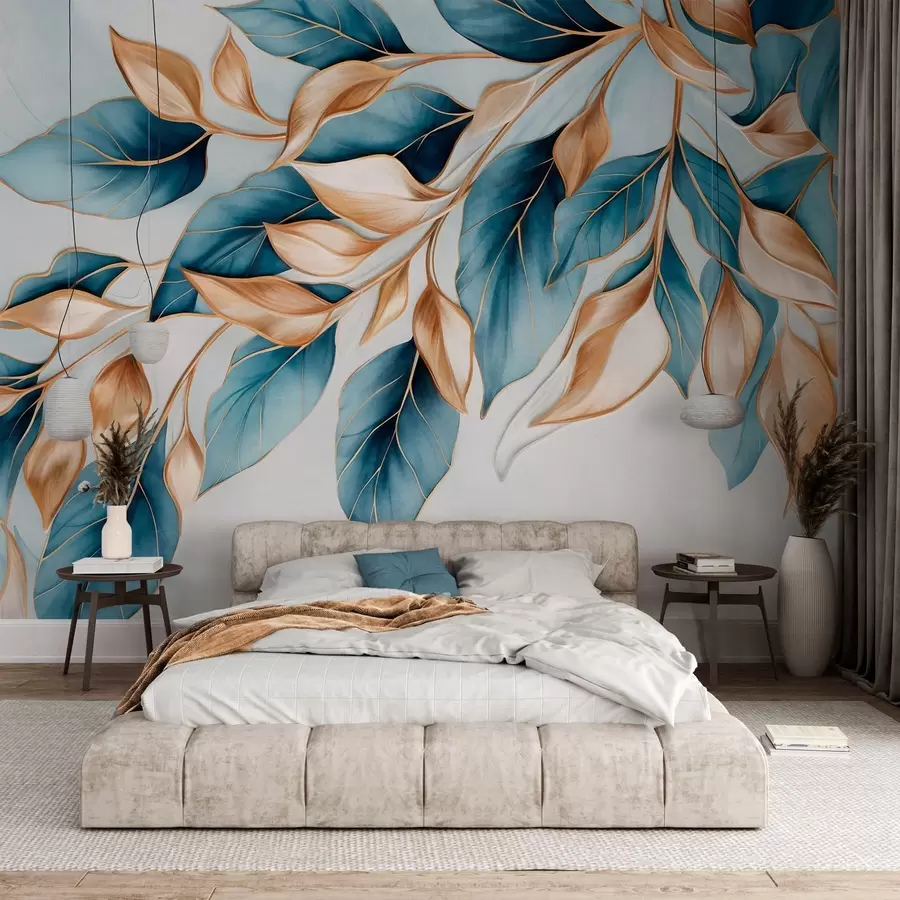 wall murals Текстурирано плаво и наранџасто лишће, светлоплава позадина, елегантан и уметнички дизајн, модеран стил w09429