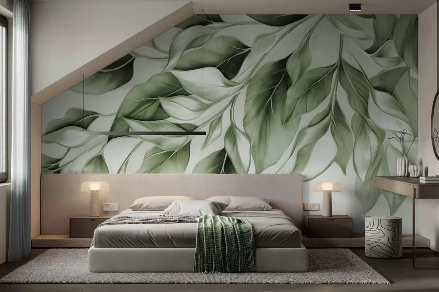 wall murals Текстурирано пригушено зелено лишће, светла позадина, елегантан и уметнички дизајн, модеран стил w09429v1